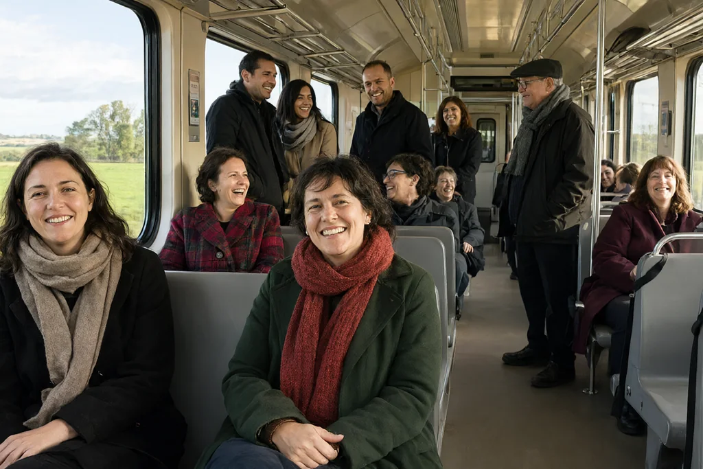 Supporters on a crowded regional train heading to a football derby