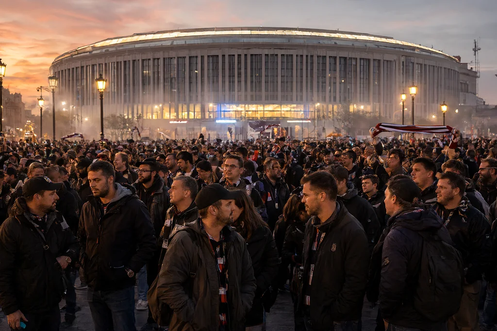 Supporters gathering on a warm evening street outside a Spanish football stadium
