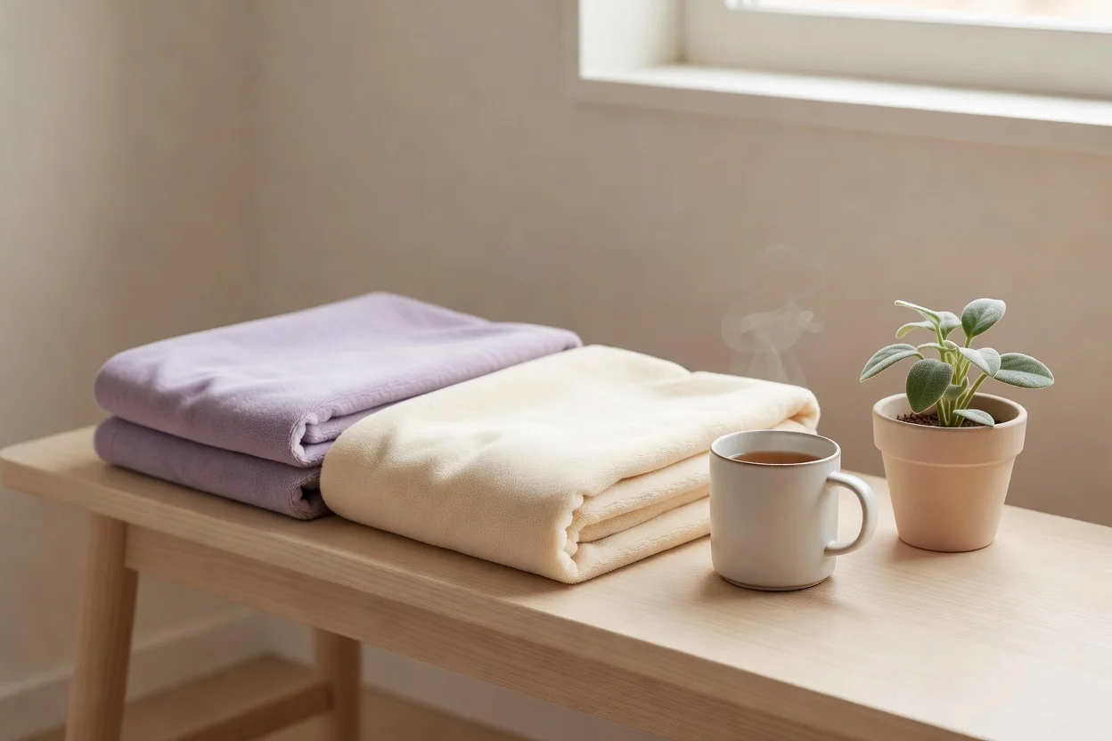 Two soft folded blankets in muted lavender and cream beside a mug of tea and a small potted plant