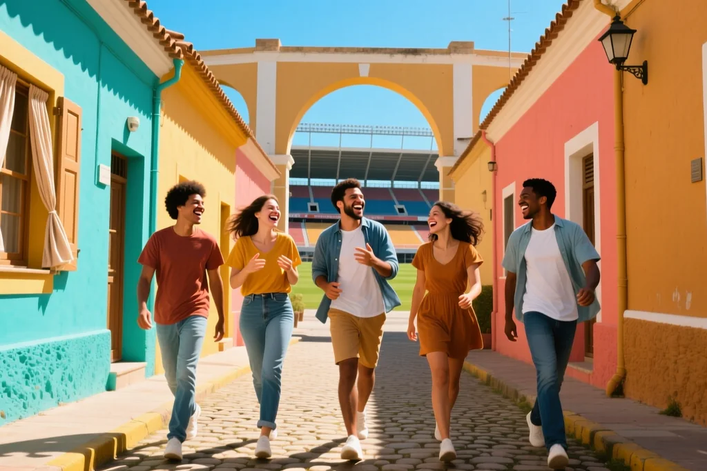 A colourful port district street leading towards a large football stadium in the background