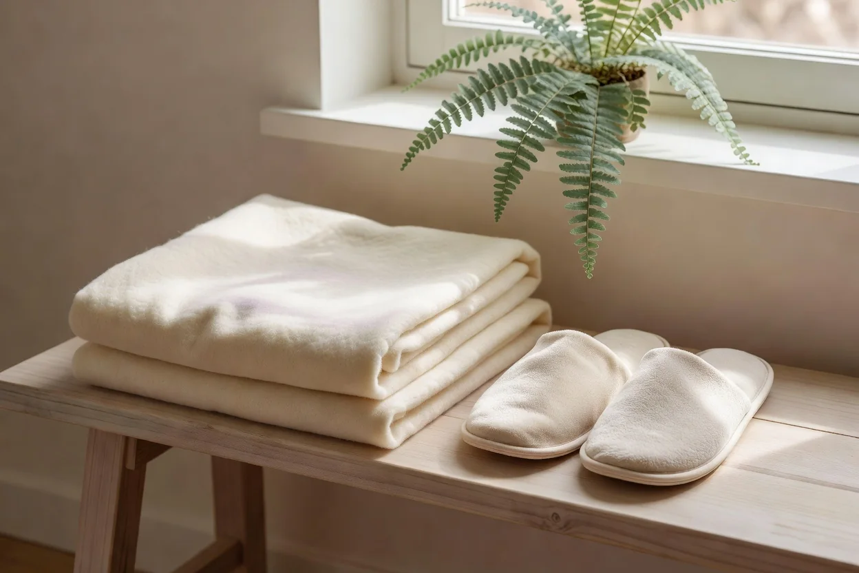 A serene birthing room with soft lighting, wooden floors, and a large bed next to medical equipment