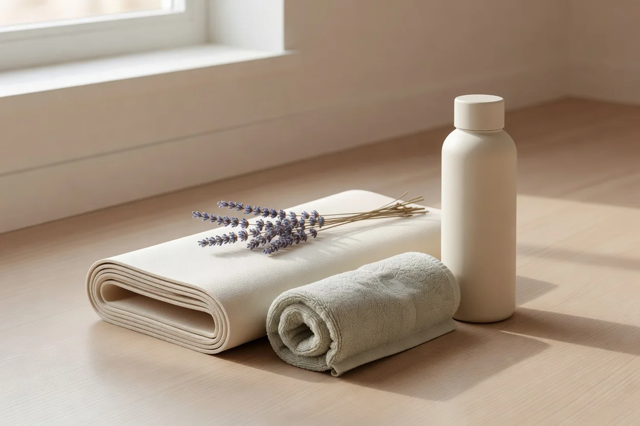 A folded yoga mat, rolled towel and plain water bottle by a bright window with a sprig of dried lavender