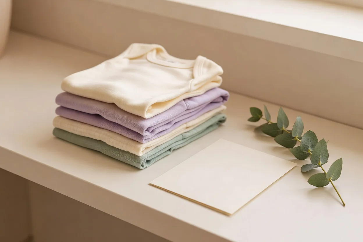 A small stack of folded baby clothes in soft pastel colors beside a blank card and a sprig of eucalyptus