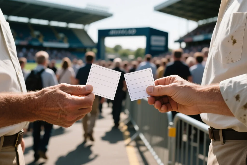 A membership card, a season ticket and a match programme laid out on a wooden table