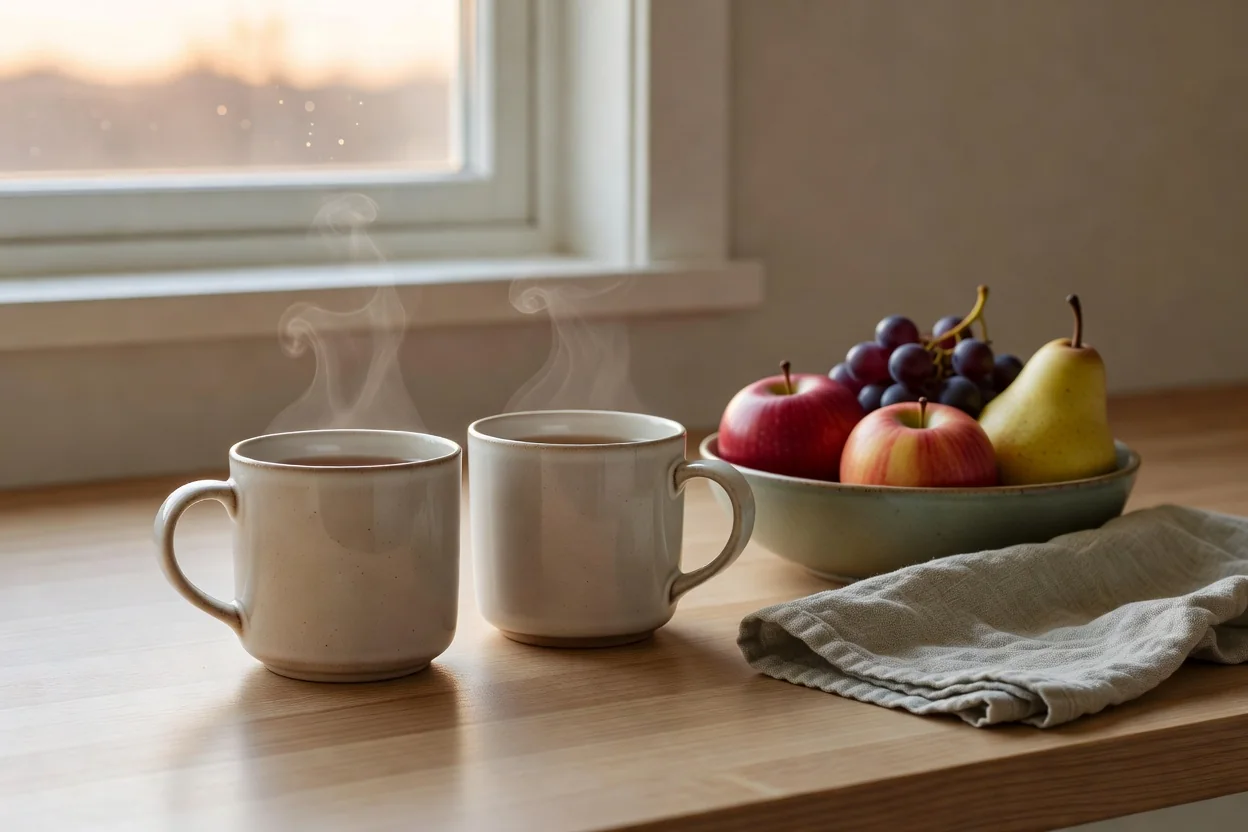 Two warm mugs of tea on a kitchen counter beside a fruit bowl in soft evening light