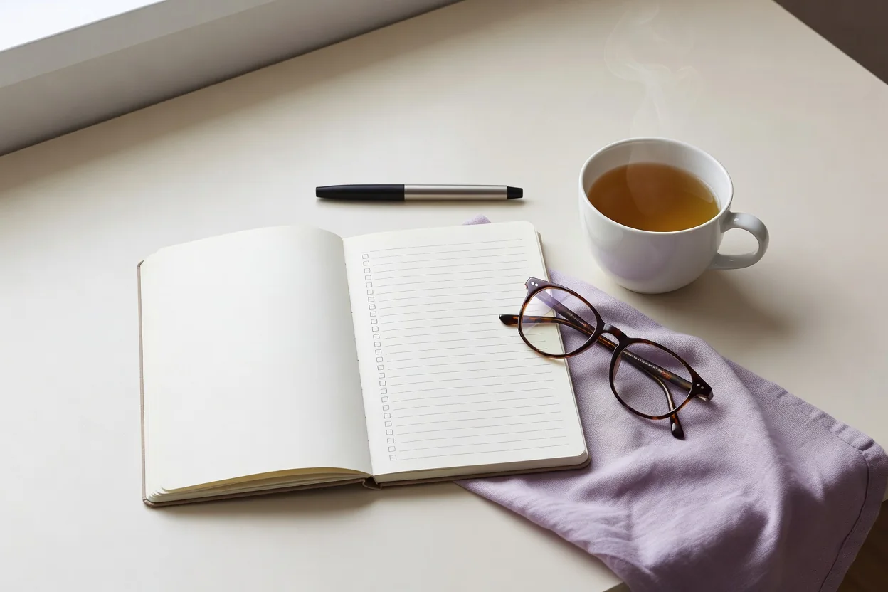 A blank checklist notebook with a pen, reading glasses and a cup of tea on a cream desk