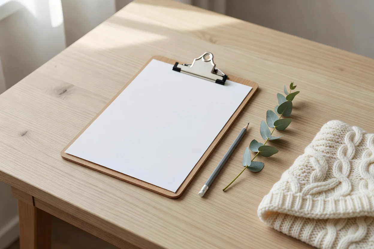 A clipboard with a blank sheet of paper, a pencil and a sprig of eucalyptus on a light wooden desk