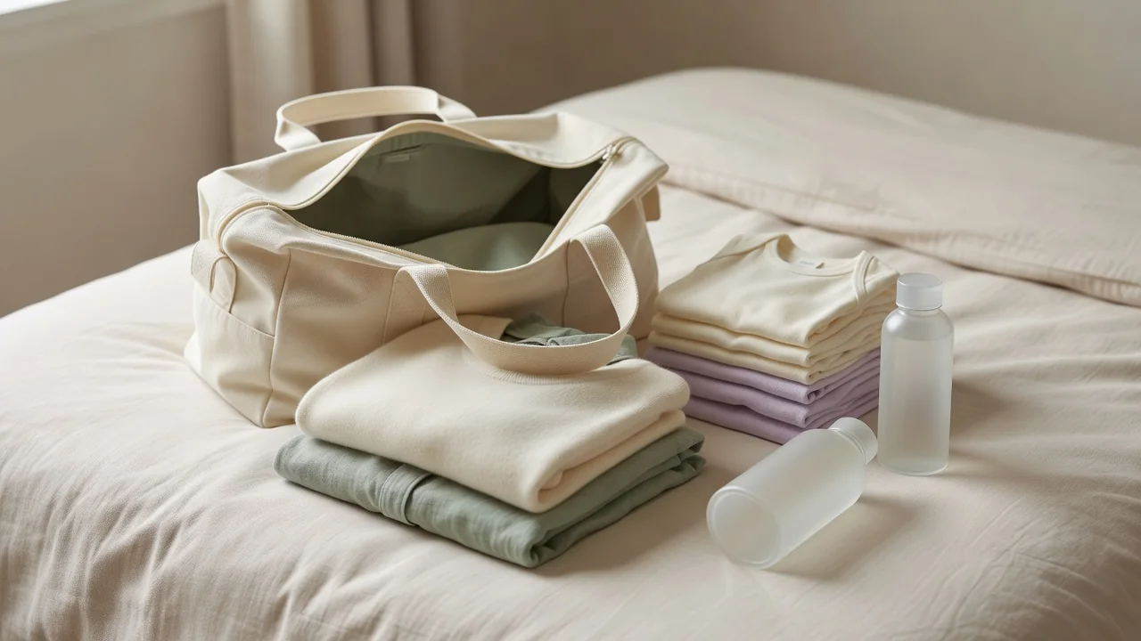 Open hospital bag with neatly folded clothes, snacks, and comfort items ready for labor