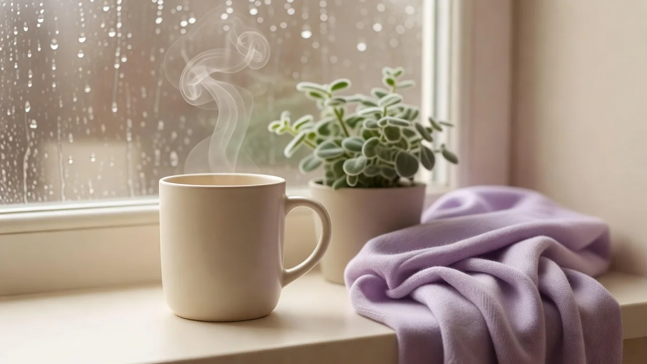 A steaming ceramic mug, a small potted plant and a folded lavender shawl on a windowsill with rain droplets on the glass