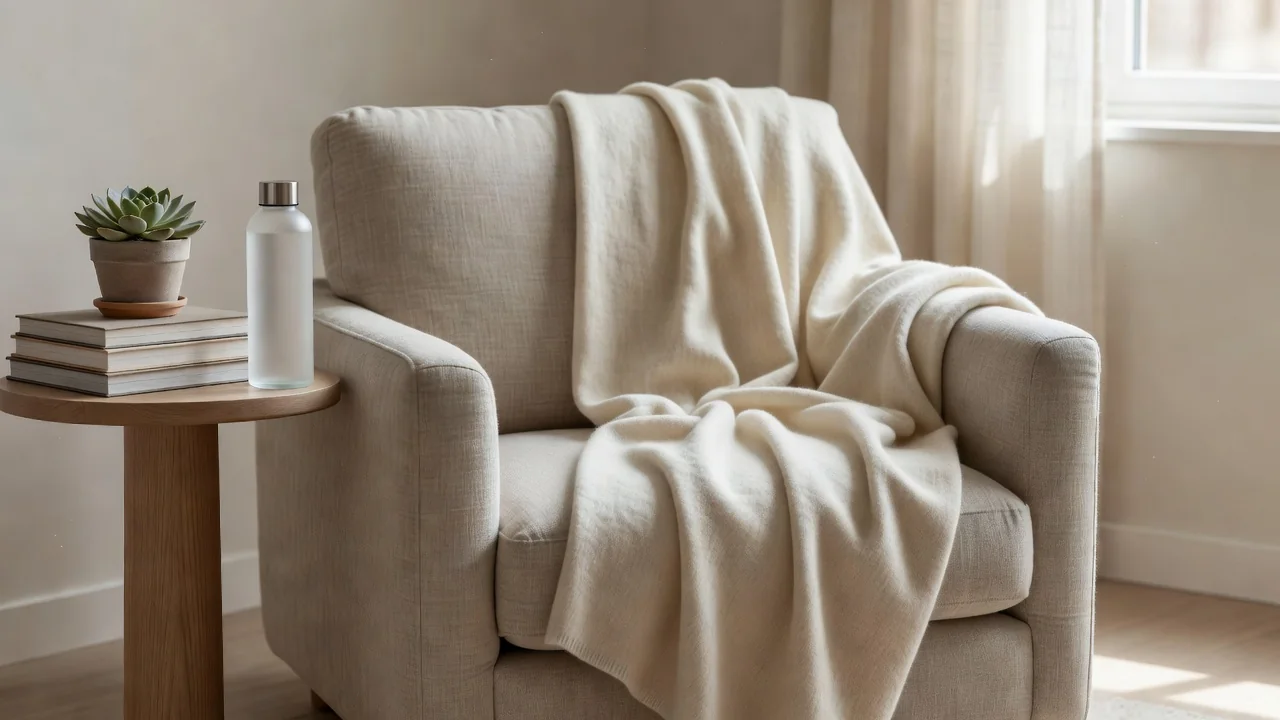 A cozy armchair with a cream throw blanket, a water bottle and a stack of books near a bright window