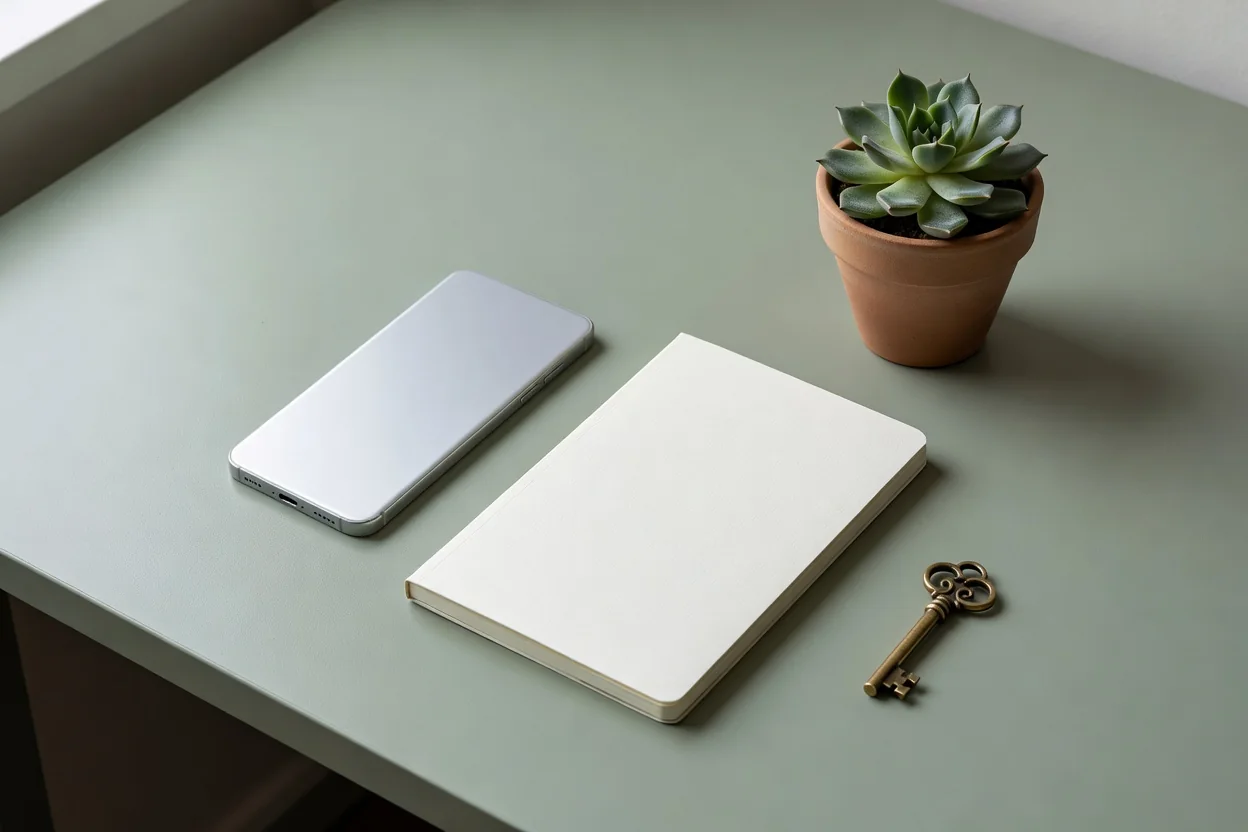 A smartphone lying screen-down on a sage-green desk beside a notebook, a small key and a succulent