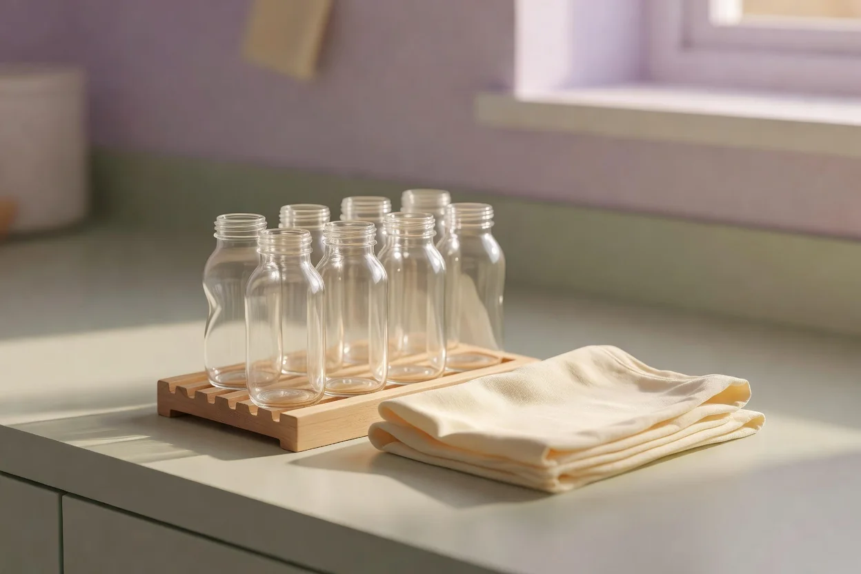 Clean plain glass baby bottles drying on a simple rack beside a folded cloth on a kitchen counter