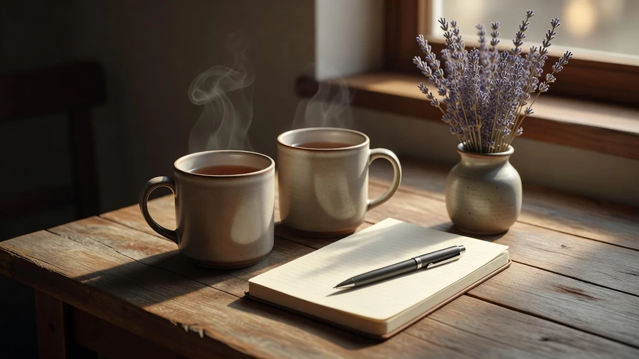 Two mugs of tea on a wooden table beside a notepad and a small vase of dried lavender