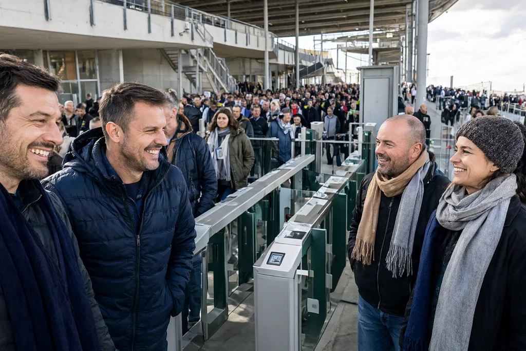 A tram stopping outside a German football stadium on matchday