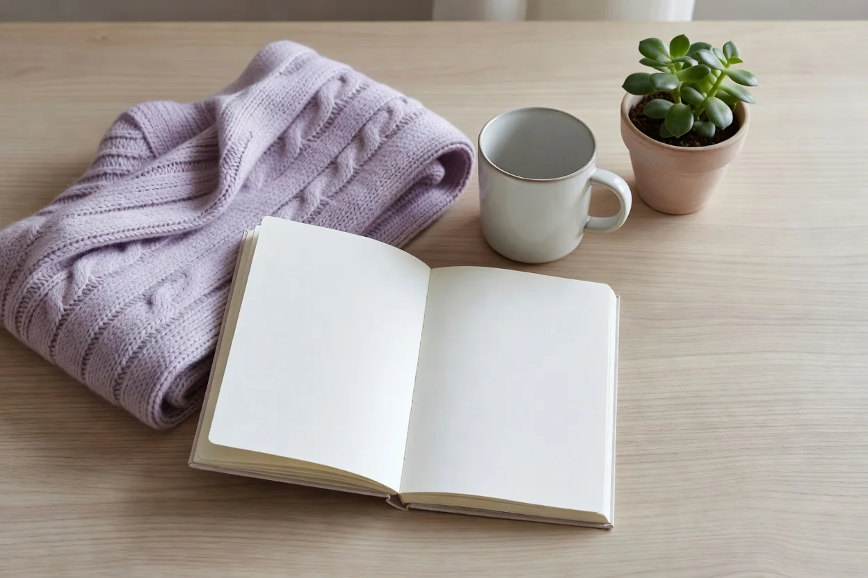 An open journal beside a folded lavender knit blanket, a ceramic mug and a small potted plant on a wooden table