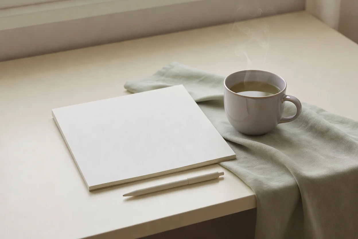 A blank calendar page, a pen and a cup of herbal tea on a cream desk with a soft sage linen cloth