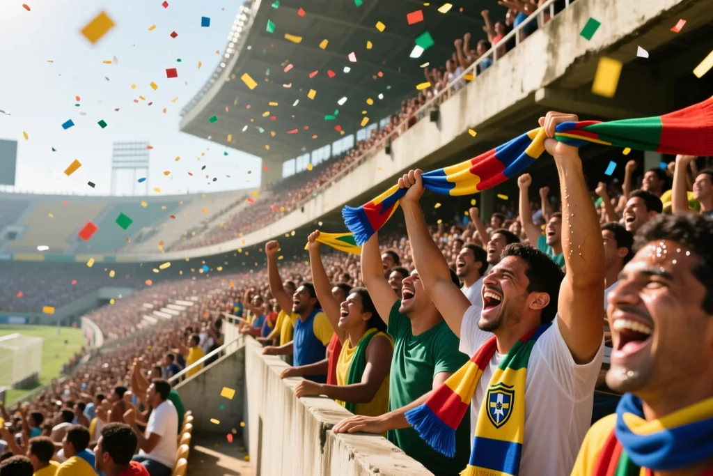 Steep stacked stands above a narrow pitch at a South American stadium
