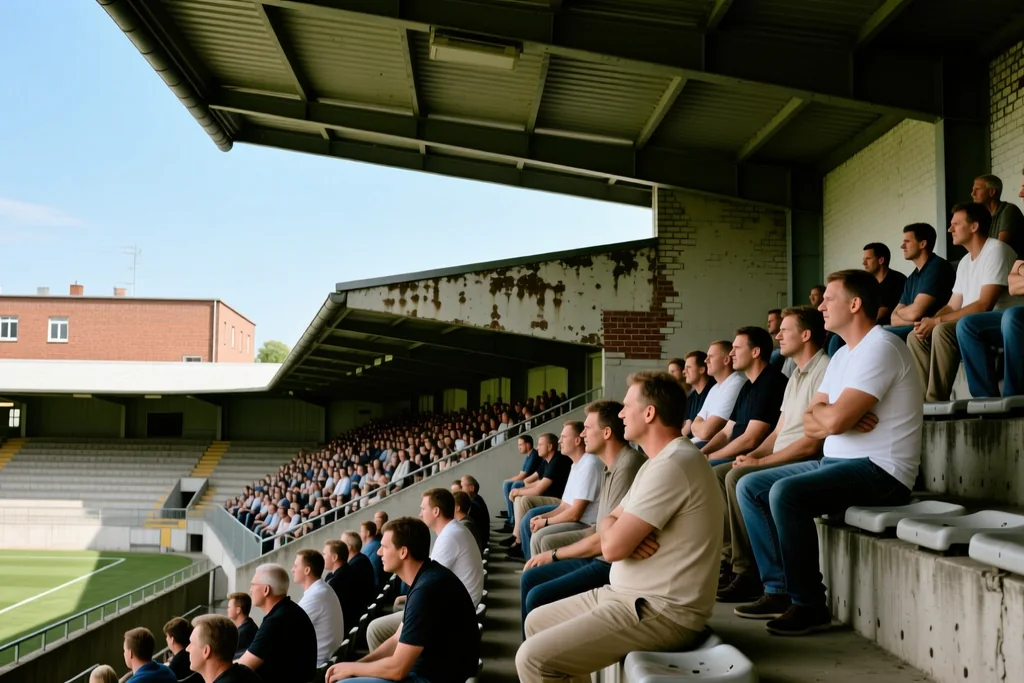 Terraces and a corner flag at a compact German city stadium