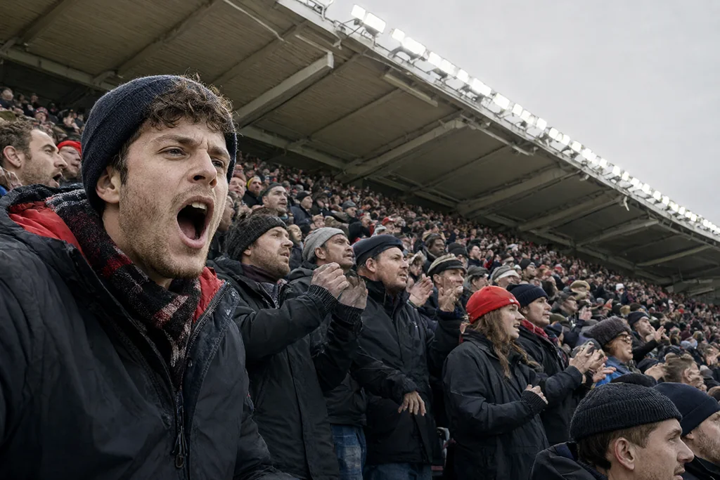 A packed terrace behind the goal at a German football ground in the evening